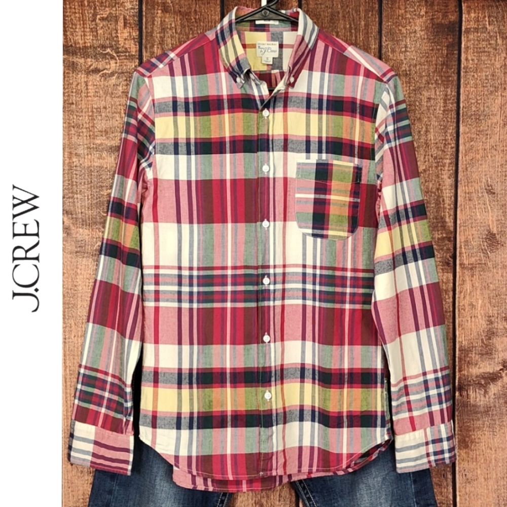 NWOT J. Crew Multi Color Plaid Indian Madras Slim Fit Button Down Long Sleeve